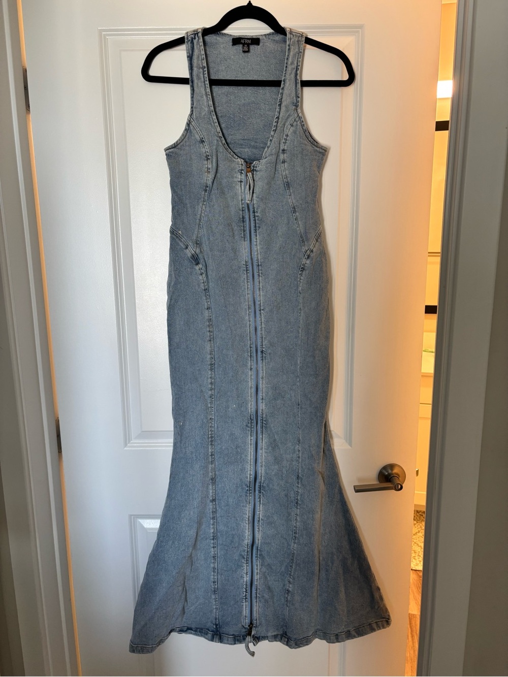 AFRM Light Blue Denim Maxi Dress with Front Zip